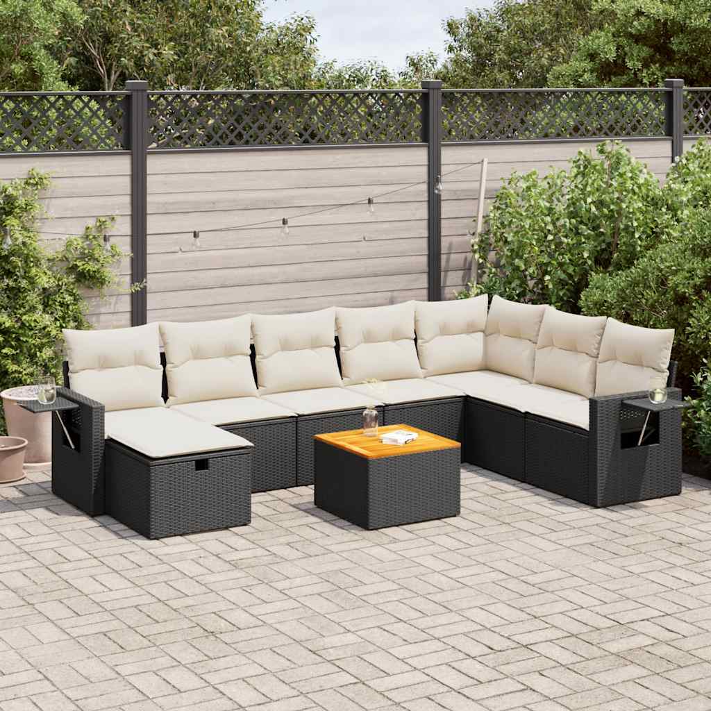 vidaXL 9-tlg. Garten-Sofagarnitur mit Kissen Schwarz Poly Rattan