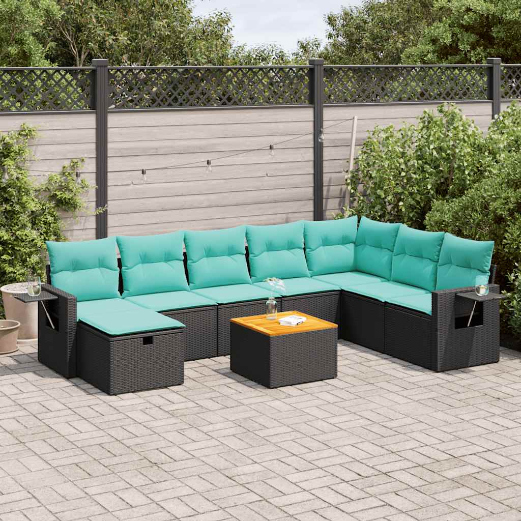 vidaXL 9-tlg. Garten-Sofagarnitur mit Kissen Schwarz Poly Rattan