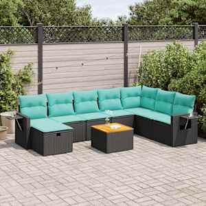 Vrtna sedežna garnitura 9-delna z blazinami črn poli ratan