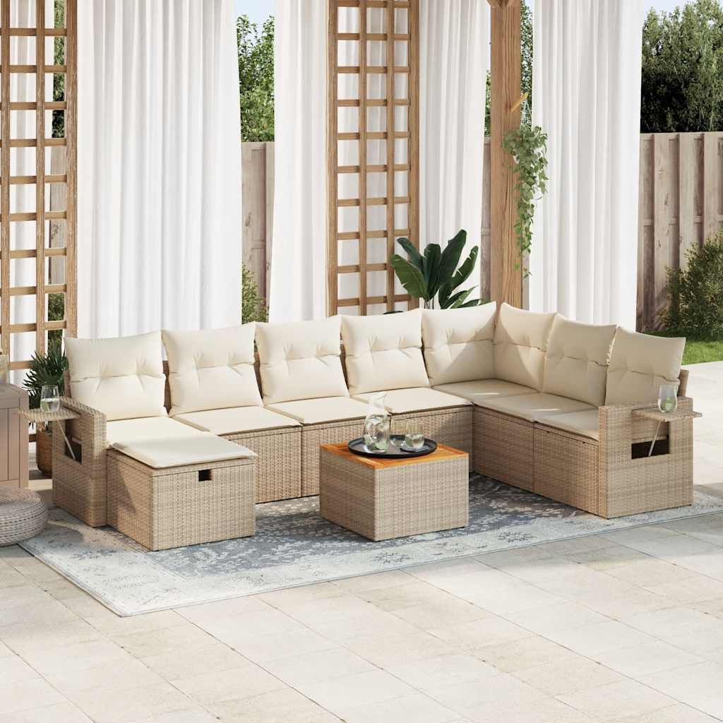 9-tlg. Garten-Sofagarnitur mit Kissen Beige Poly Rattan