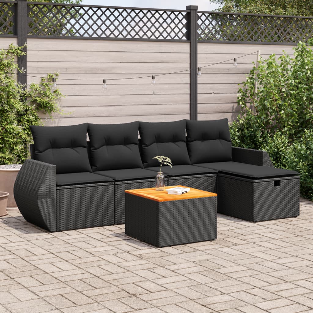 vidaXL 6-tlg. Garten-Sofagarnitur mit Kissen Schwarz Poly Rattan