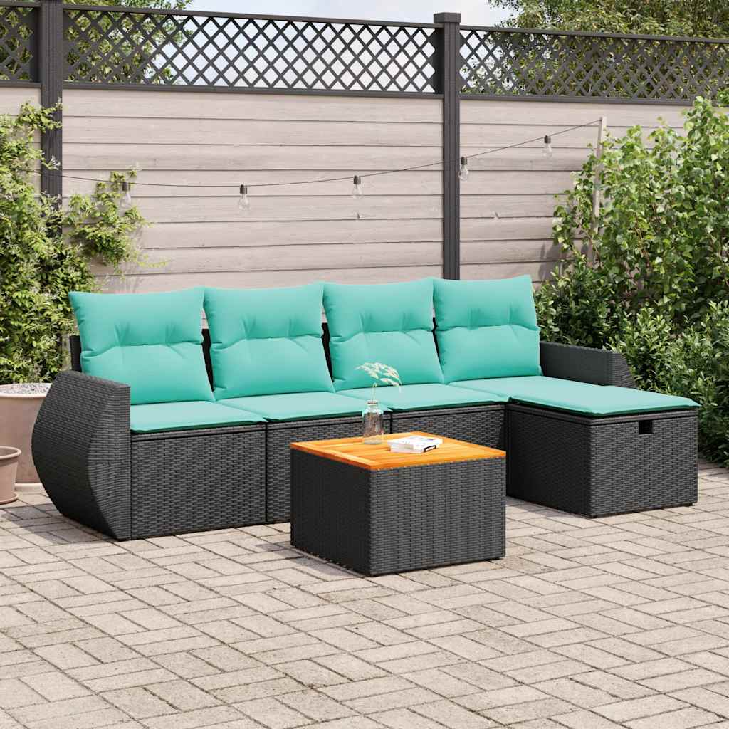 vidaXL 6-tlg. Garten-Sofagarnitur mit Kissen Schwarz Poly Rattan
