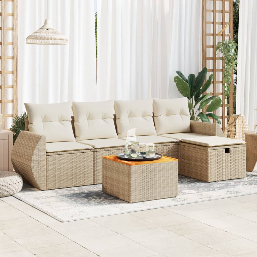 6-tlg. Garten-Sofagarnitur mit Kissen Beige Poly Rattan