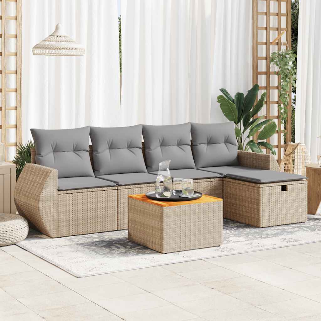 vidaXL 6-tlg. Garten-Sofagarnitur mit Kissen Beige Poly Rattan