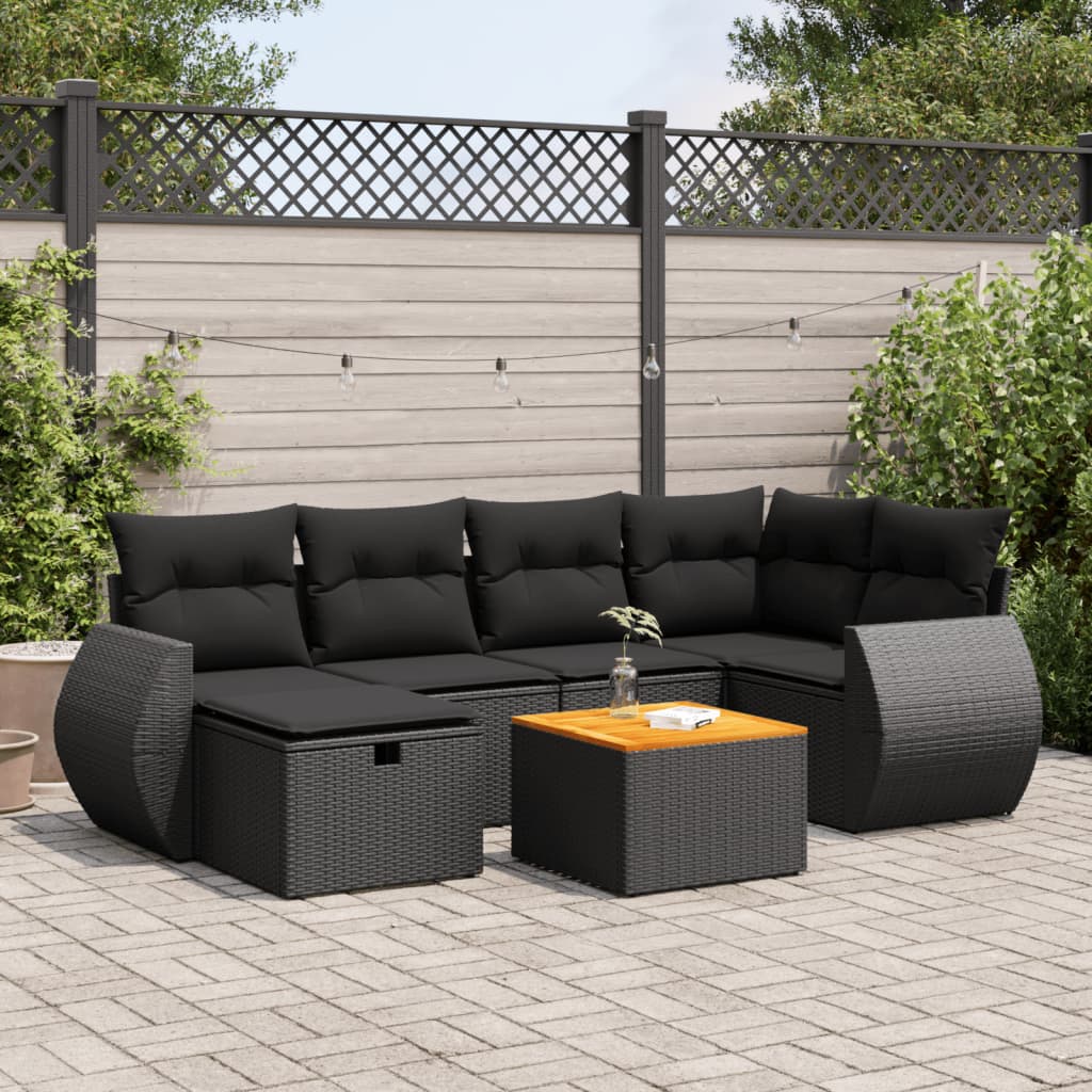 vidaXL 7-tlg. Garten-Sofagarnitur mit Kissen Schwarz Poly Rattan