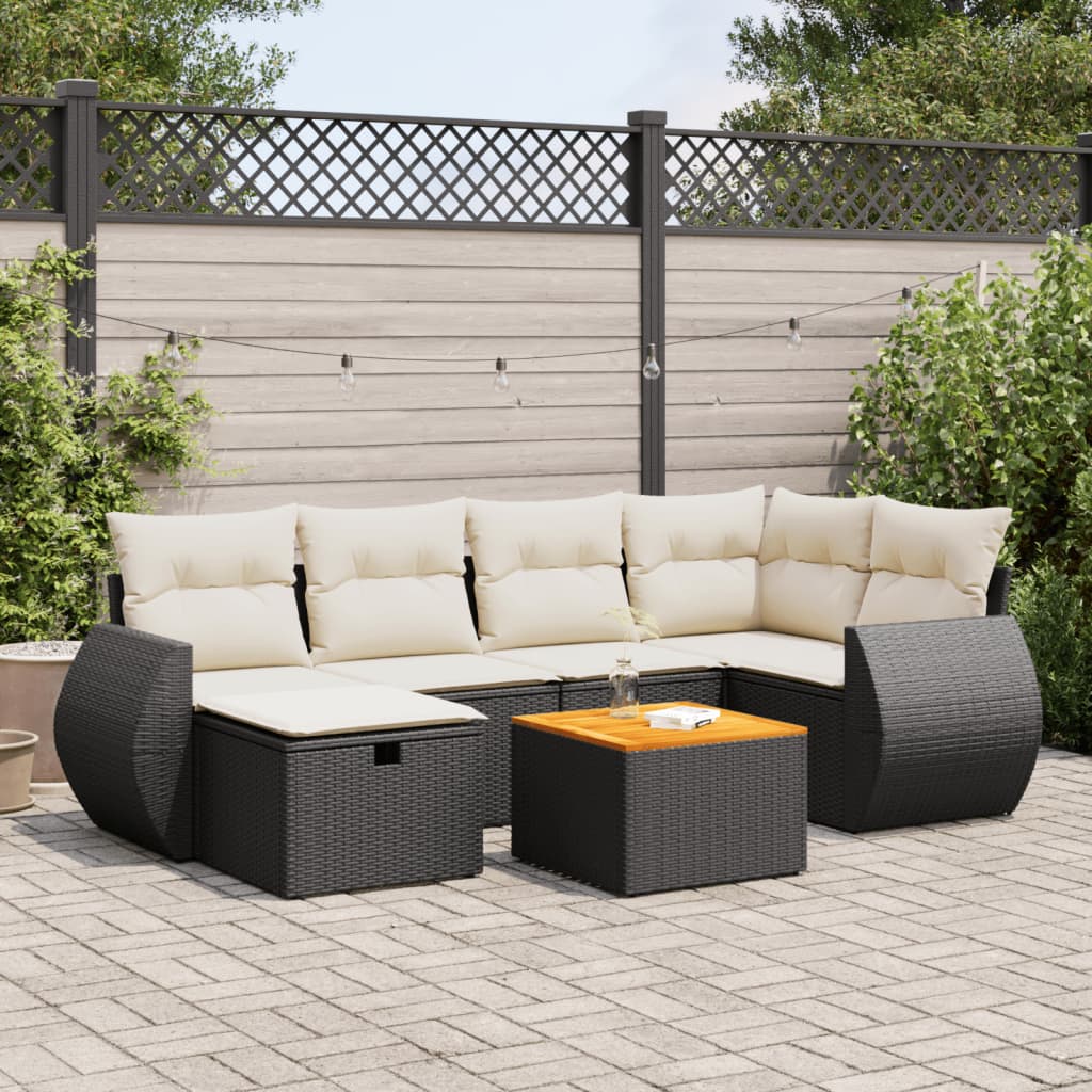 7-tlg. Garten-Sofagarnitur mit Kissen Schwarz Poly Rattan