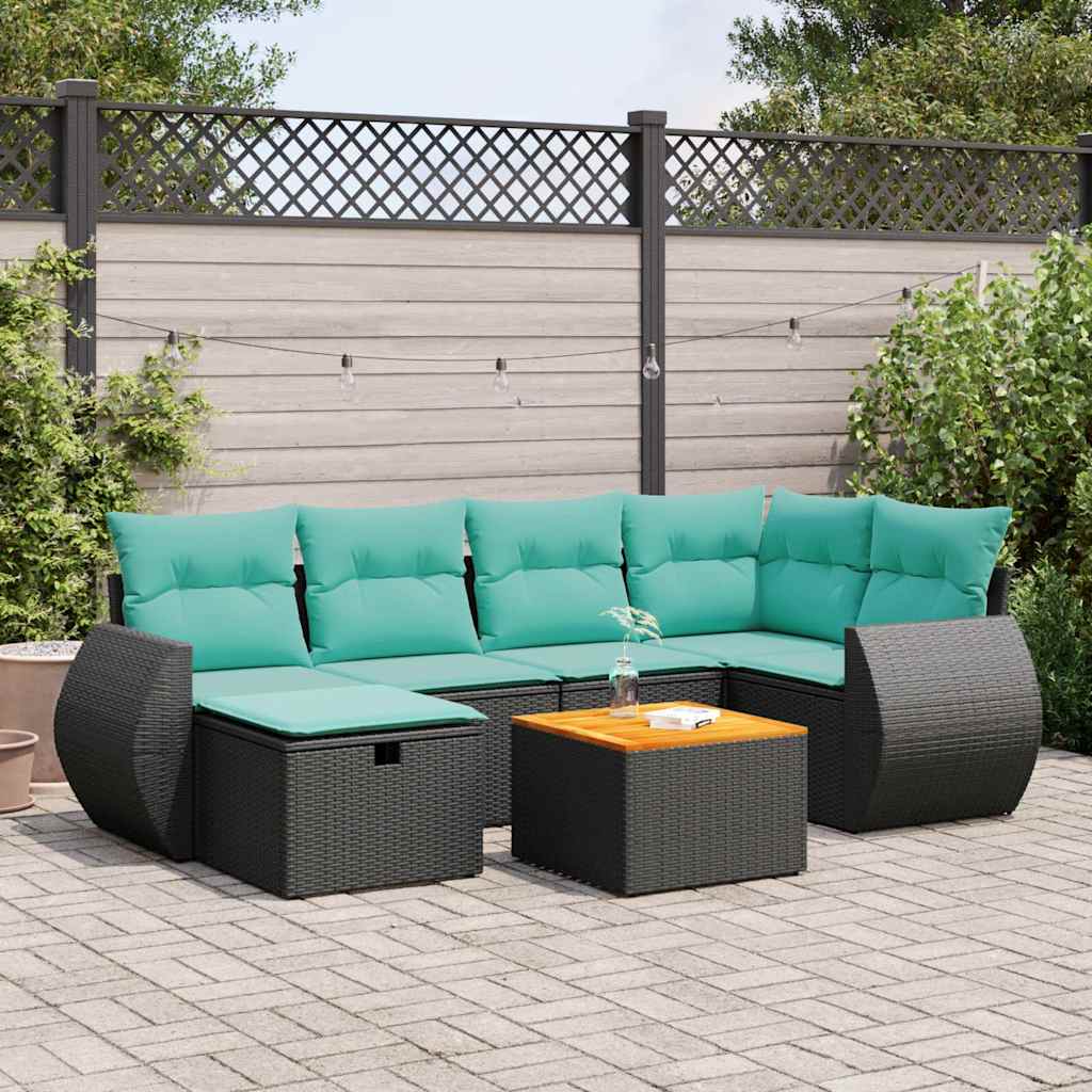 vidaXL 7-tlg. Garten-Sofagarnitur mit Kissen Schwarz Poly Rattan