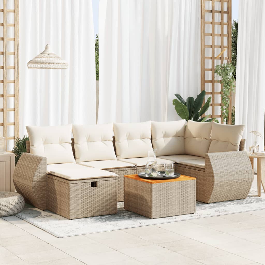 7-tlg. Garten-Sofagarnitur mit Kissen Beige Poly Rattan