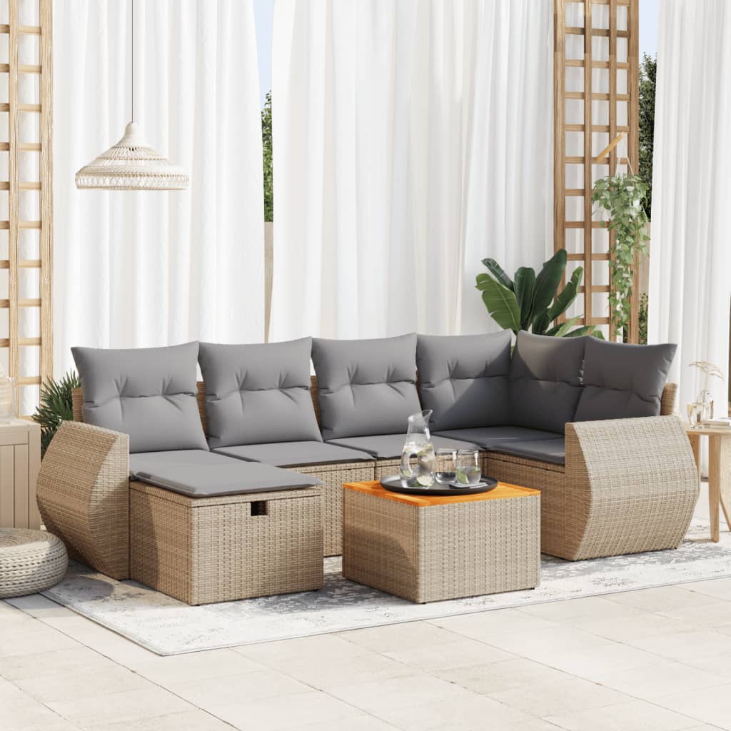 vidaXL 7-tlg. Garten-Sofagarnitur mit Kissen Beige Poly Rattan