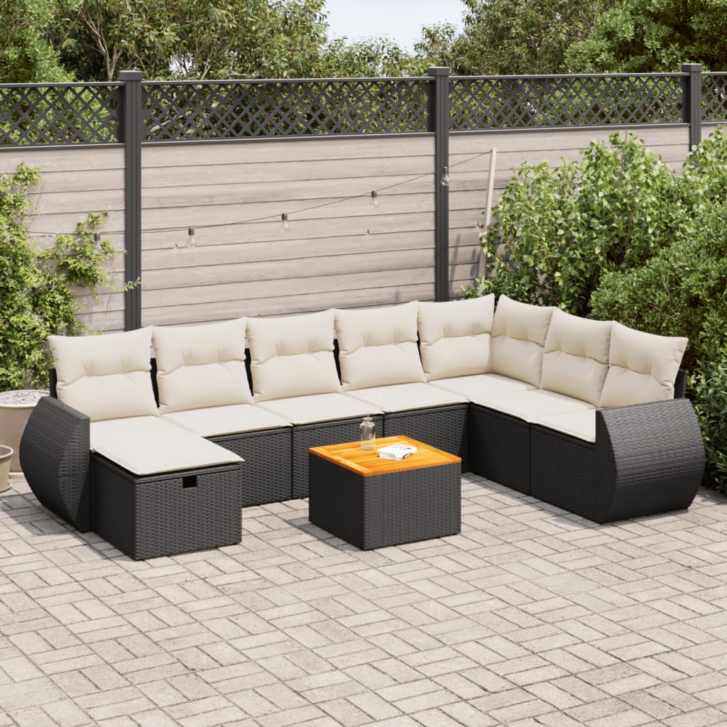 vidaXL 9-tlg. Garten-Sofagarnitur mit Kissen Schwarz Poly Rattan