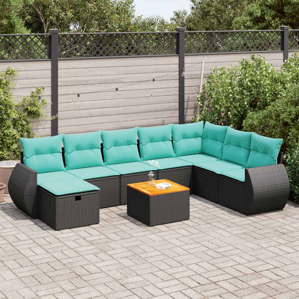 vidaXL 9-tlg. Garten-Sofagarnitur mit Kissen Schwarz Poly Rattan
