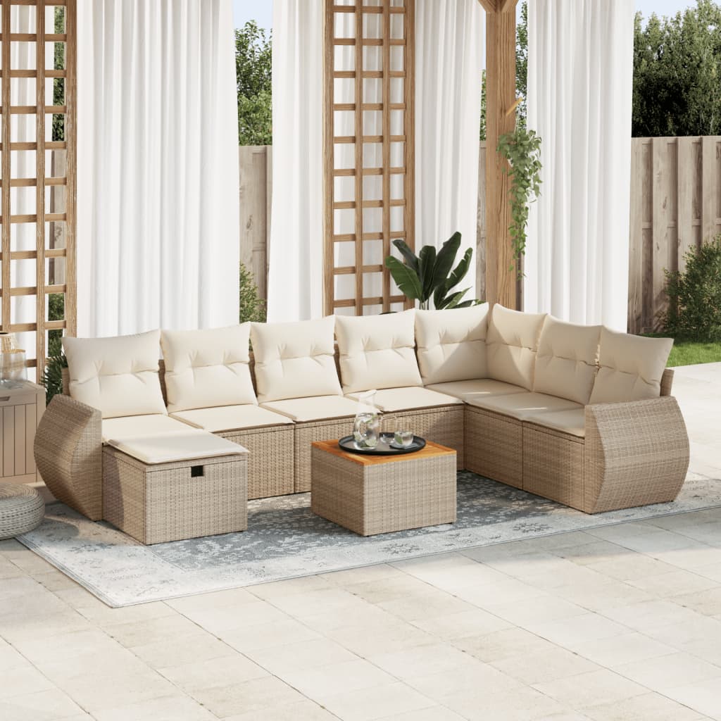 9-tlg. Garten-Sofagarnitur mit Kissen Beige Poly Rattan