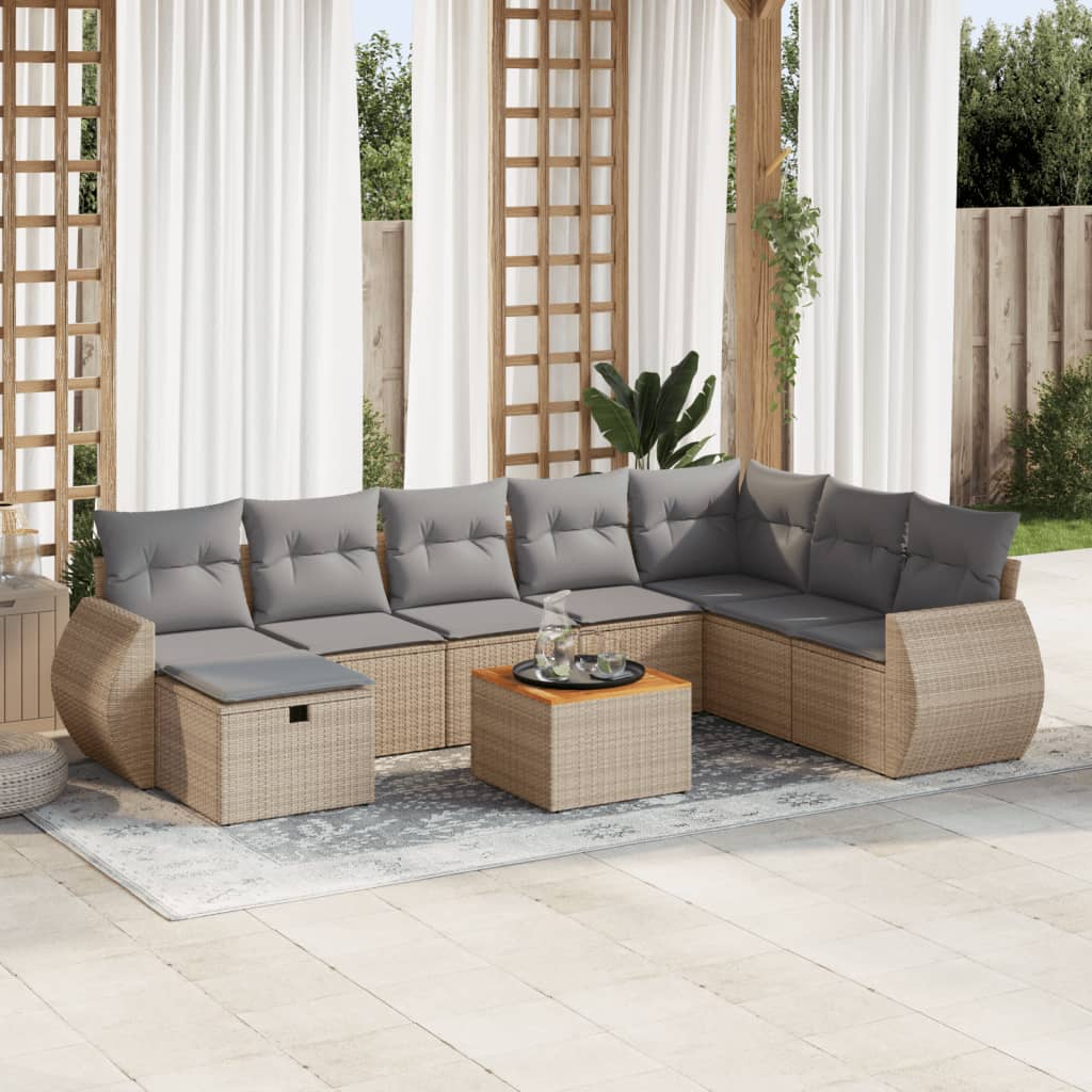 vidaXL 9-tlg. Garten-Sofagarnitur mit Kissen Beige Poly Rattan