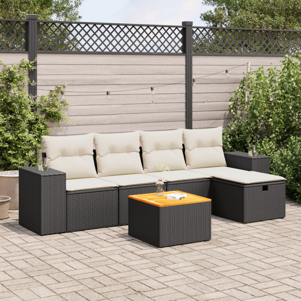 vidaXL 6-tlg. Garten-Sofagarnitur mit Kissen Schwarz Poly Rattan