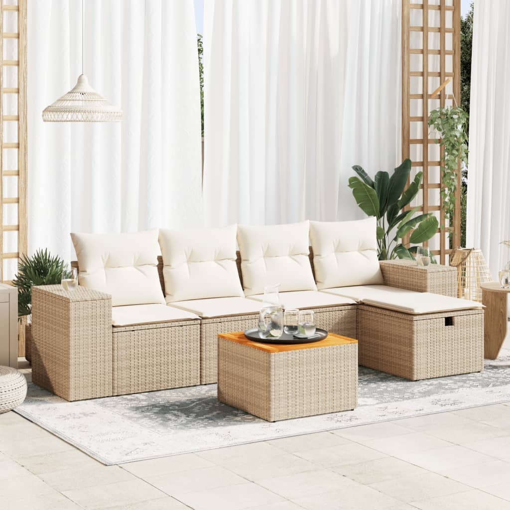 vidaXL 6-tlg. Garten-Sofagarnitur mit Kissen Beige Poly Rattan