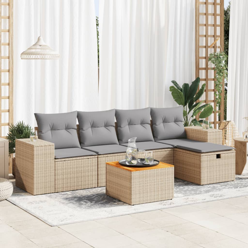 vidaXL 6-tlg. Garten-Sofagarnitur mit Kissen Beige Poly Rattan