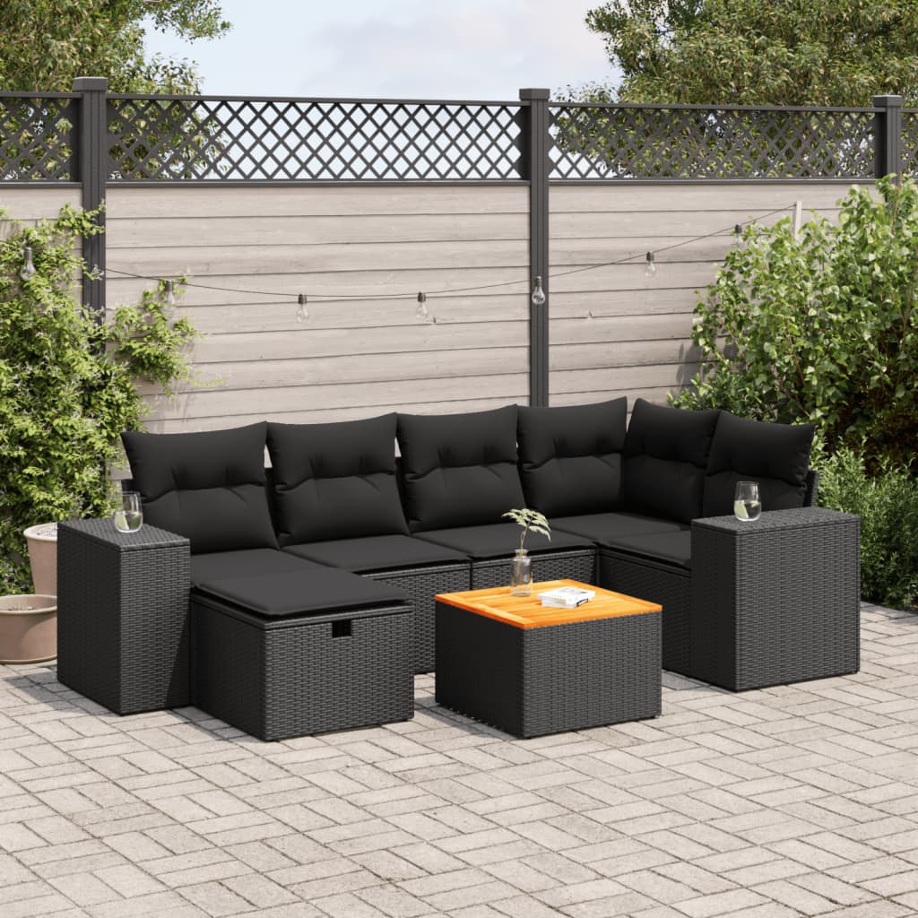 vidaXL 7-tlg. Garten-Sofagarnitur mit Kissen Schwarz Poly Rattan