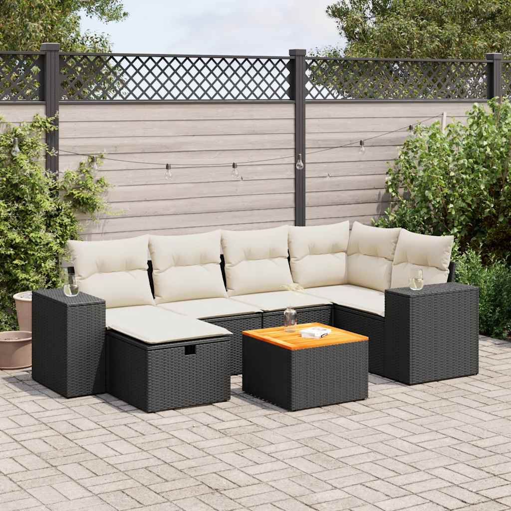 vidaXL 7-tlg. Garten-Sofagarnitur mit Kissen Schwarz Poly Rattan