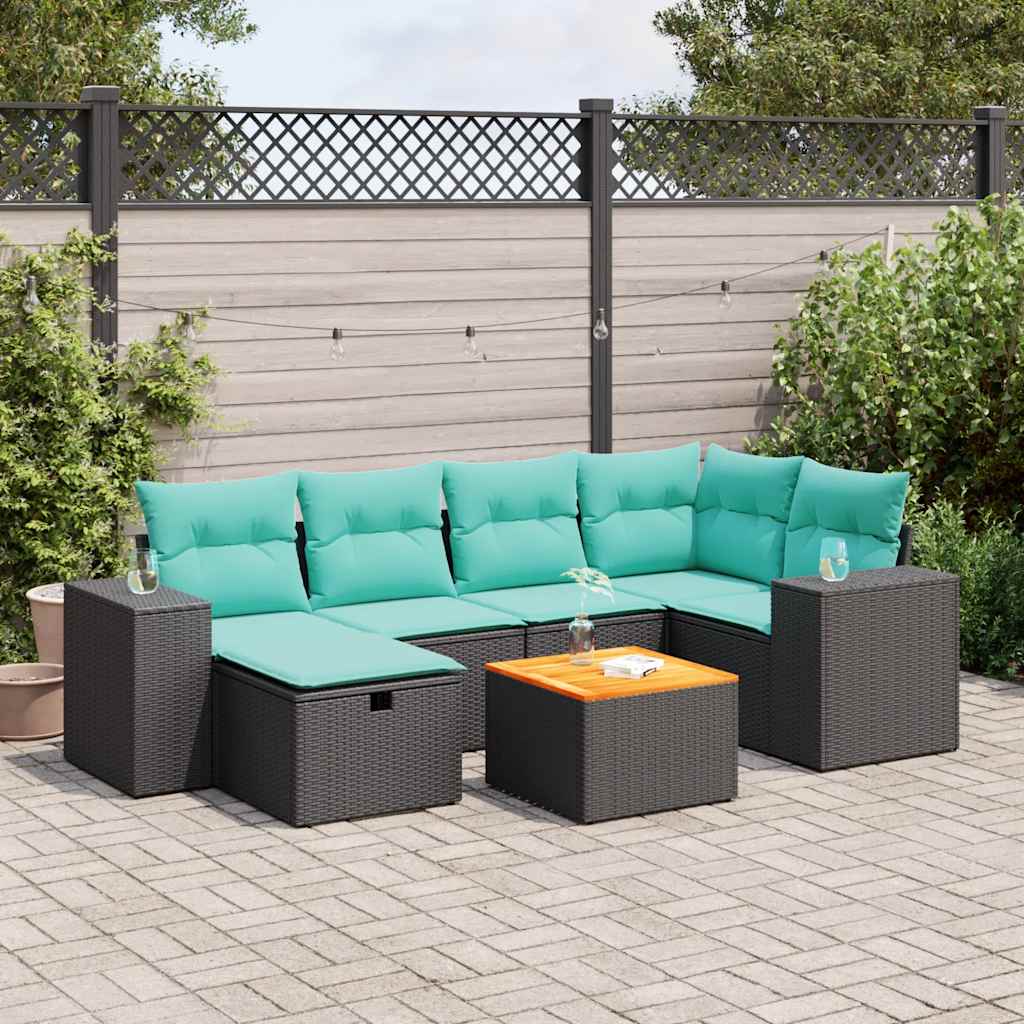 vidaXL 7-tlg. Garten-Sofagarnitur mit Kissen Schwarz Poly Rattan