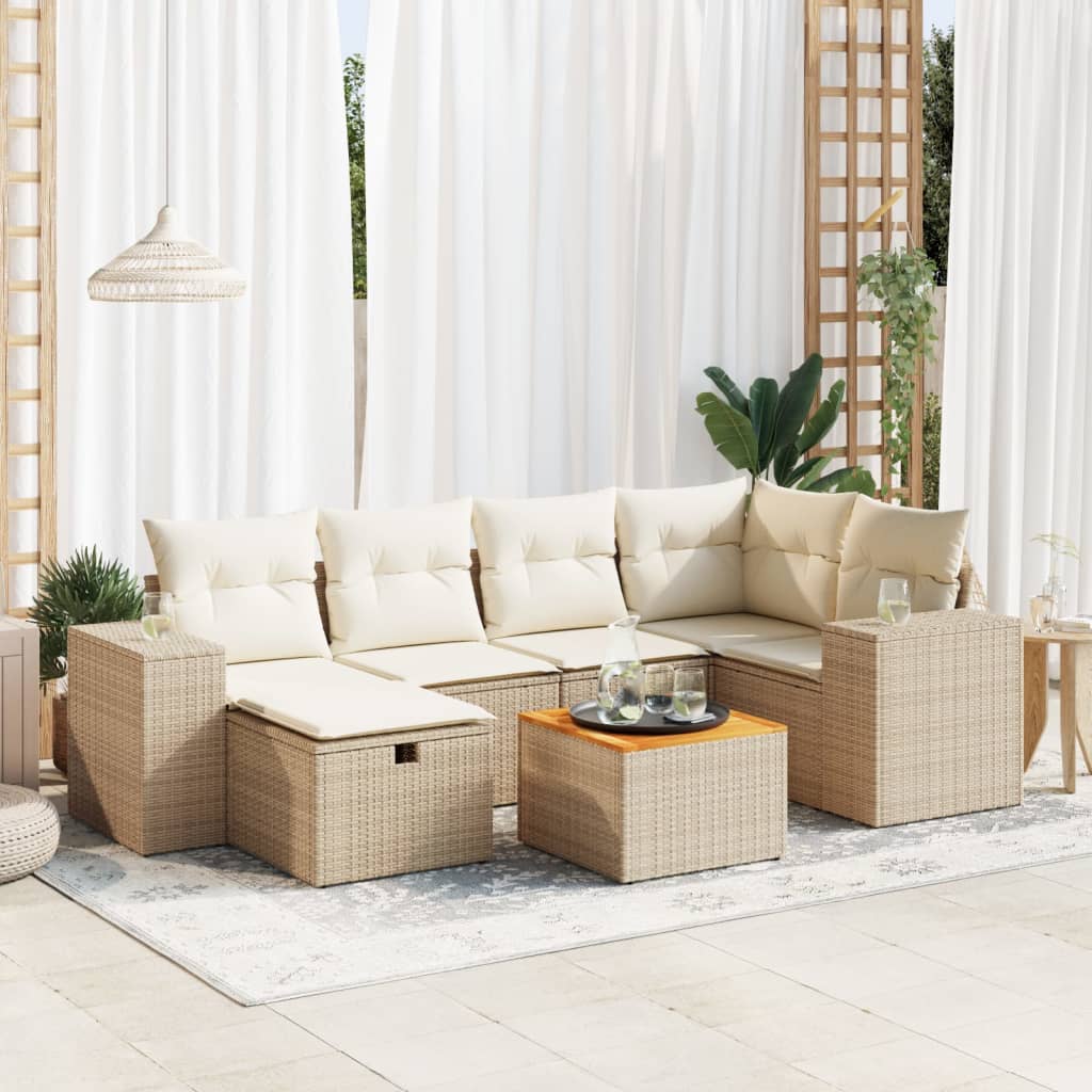 7-tlg. Garten-Sofagarnitur mit Kissen Beige Poly Rattan