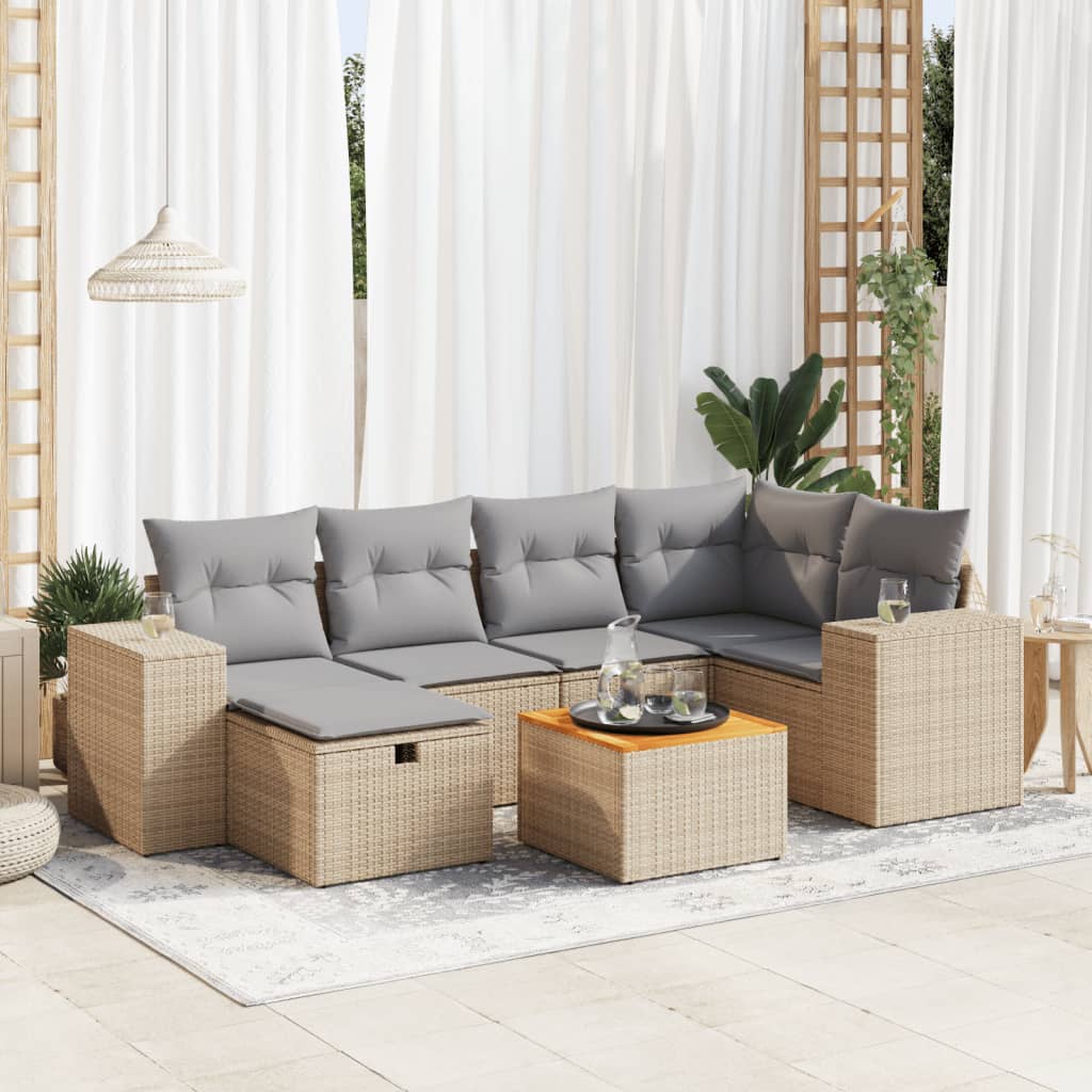 vidaXL 7-tlg. Garten-Sofagarnitur mit Kissen Beige Poly Rattan