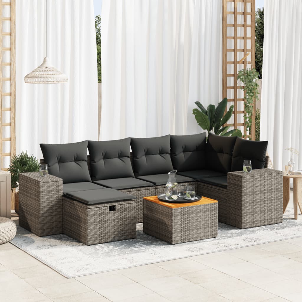 vidaXL 7-tlg. Garten-Sofagarnitur mit Kissen Grau Poly Rattan