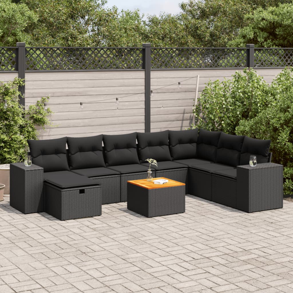 vidaXL 9-tlg. Garten-Sofagarnitur mit Kissen Schwarz Poly Rattan