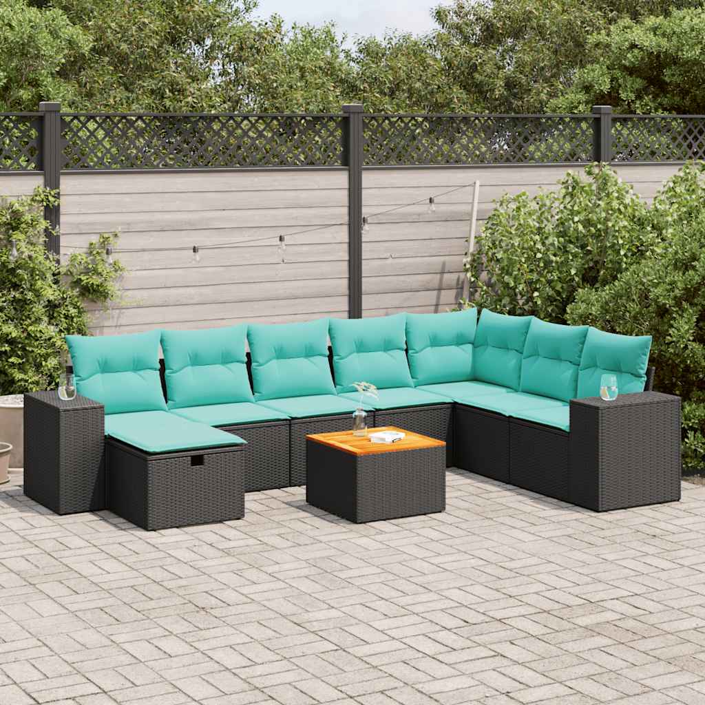 vidaXL 9-tlg. Garten-Sofagarnitur mit Kissen Schwarz Poly Rattan