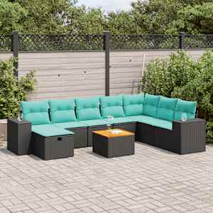 Vrtna sedežna garnitura 9-delna z blazinami črn poli ratan