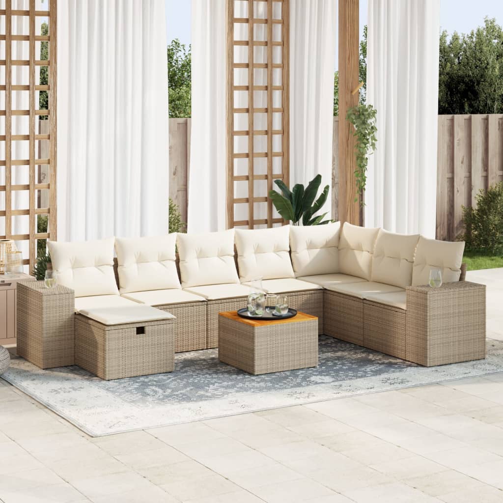 9-tlg. Garten-Sofagarnitur mit Kissen Beige Poly Rattan