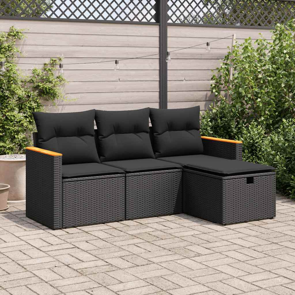 vidaXL Set mobilier de grădină cu perne, 4 piese, negru, poliratan