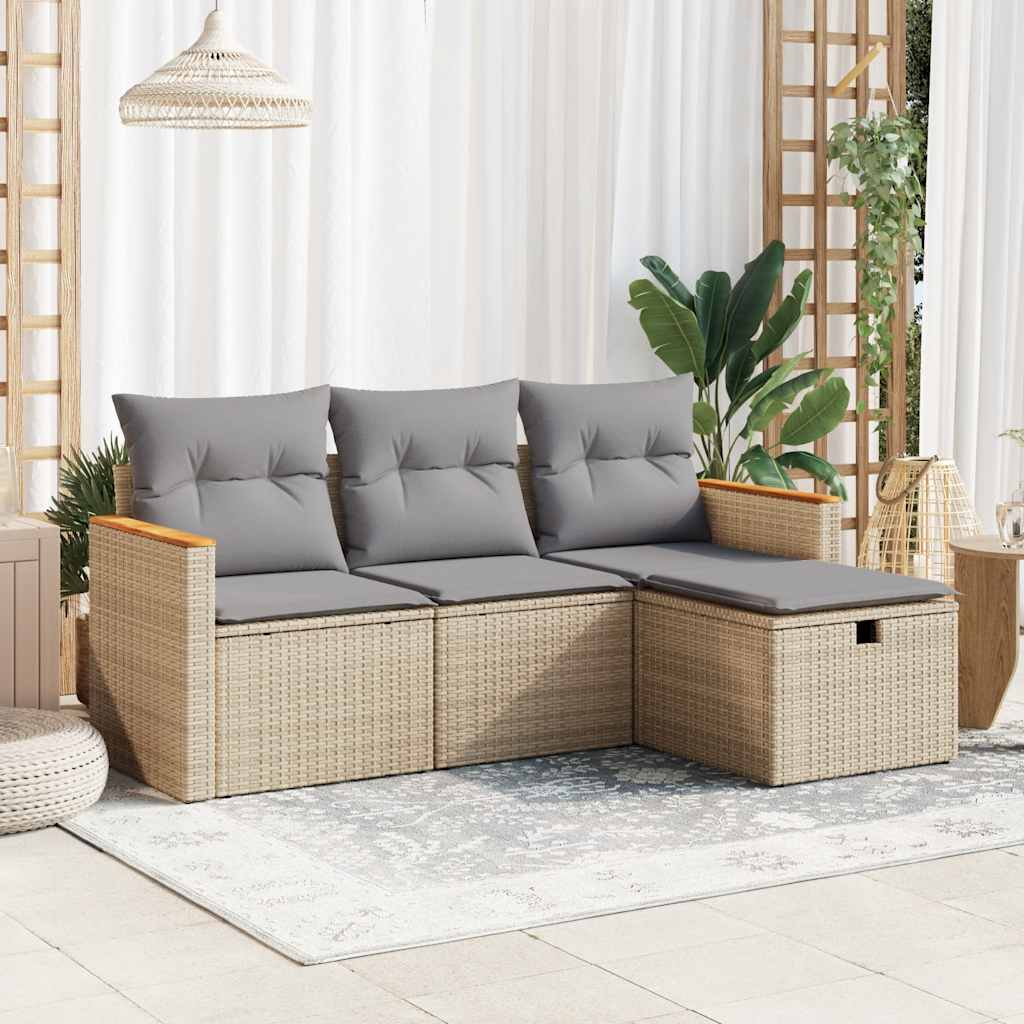 vidaXL Set canapele de grădină, 4 piese, cu perne, bej, poliratan