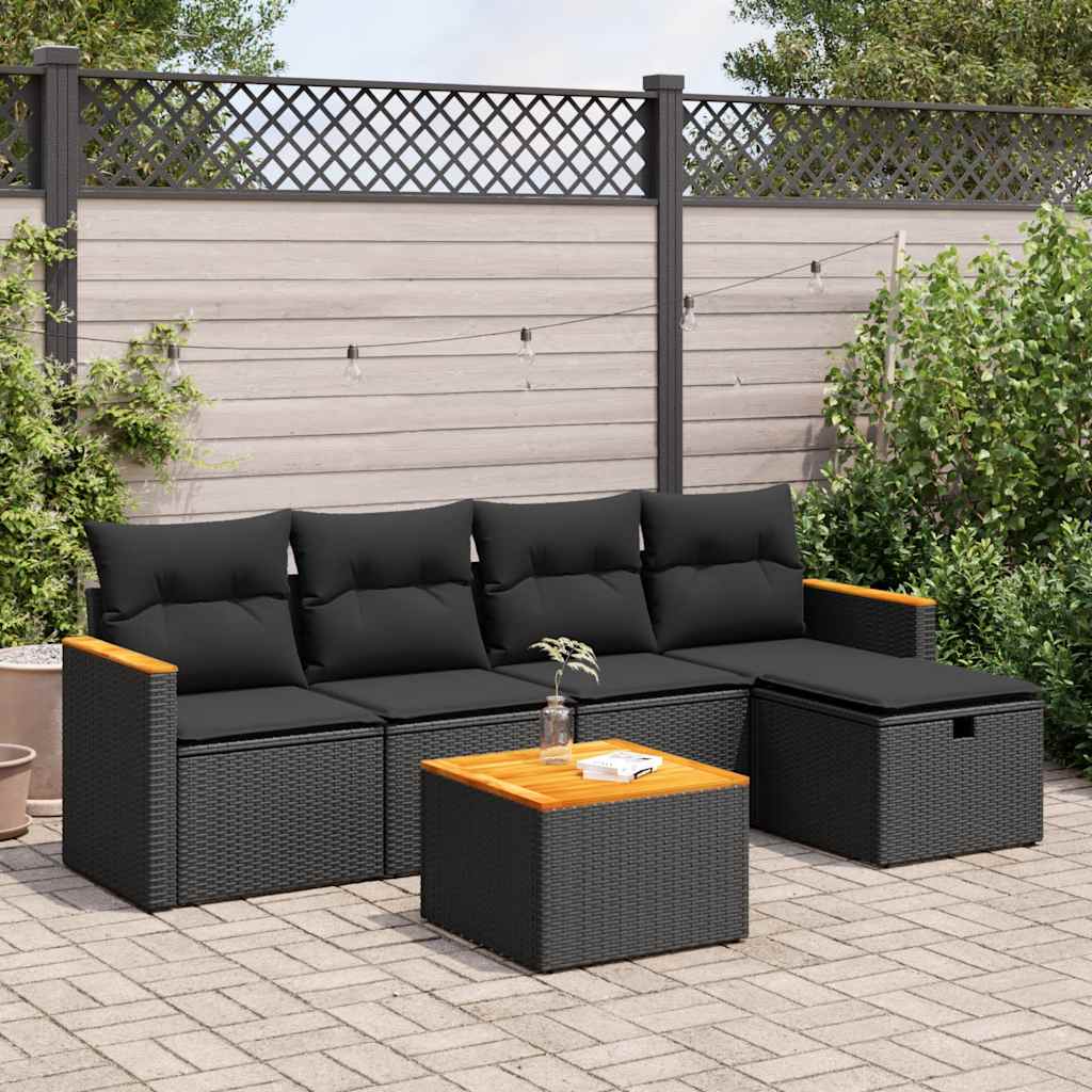 vidaXL 6-tlg. Garten-Sofagarnitur mit Kissen Schwarz Poly Rattan