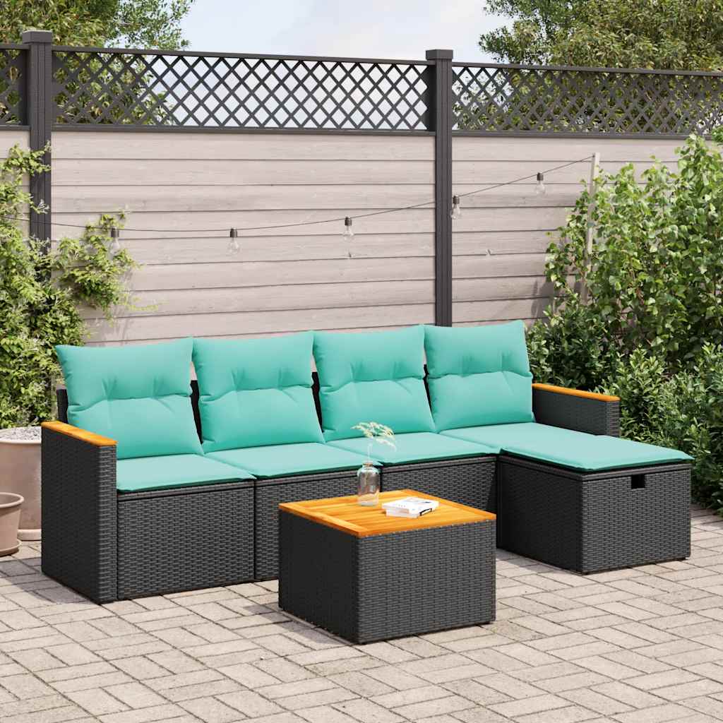 vidaXL 6-tlg. Garten-Sofagarnitur mit Kissen Schwarz Poly Rattan