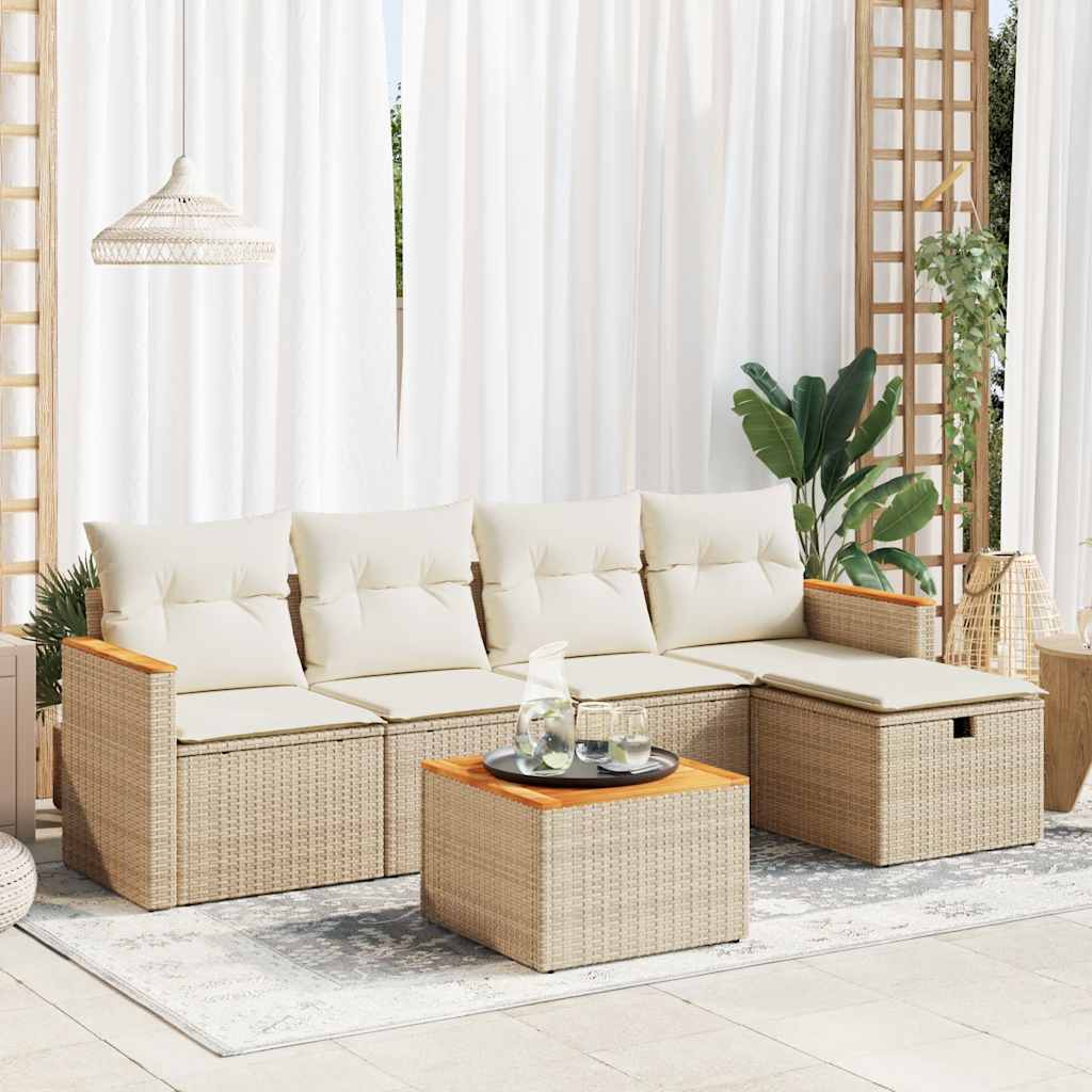 vidaXL 6-tlg. Garten-Sofagarnitur mit Kissen Beige Poly Rattan