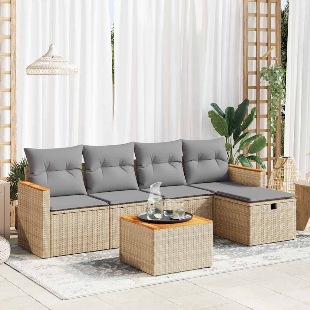 vidaXL 6-tlg. Garten-Sofagarnitur mit Kissen Beige Poly Rattan