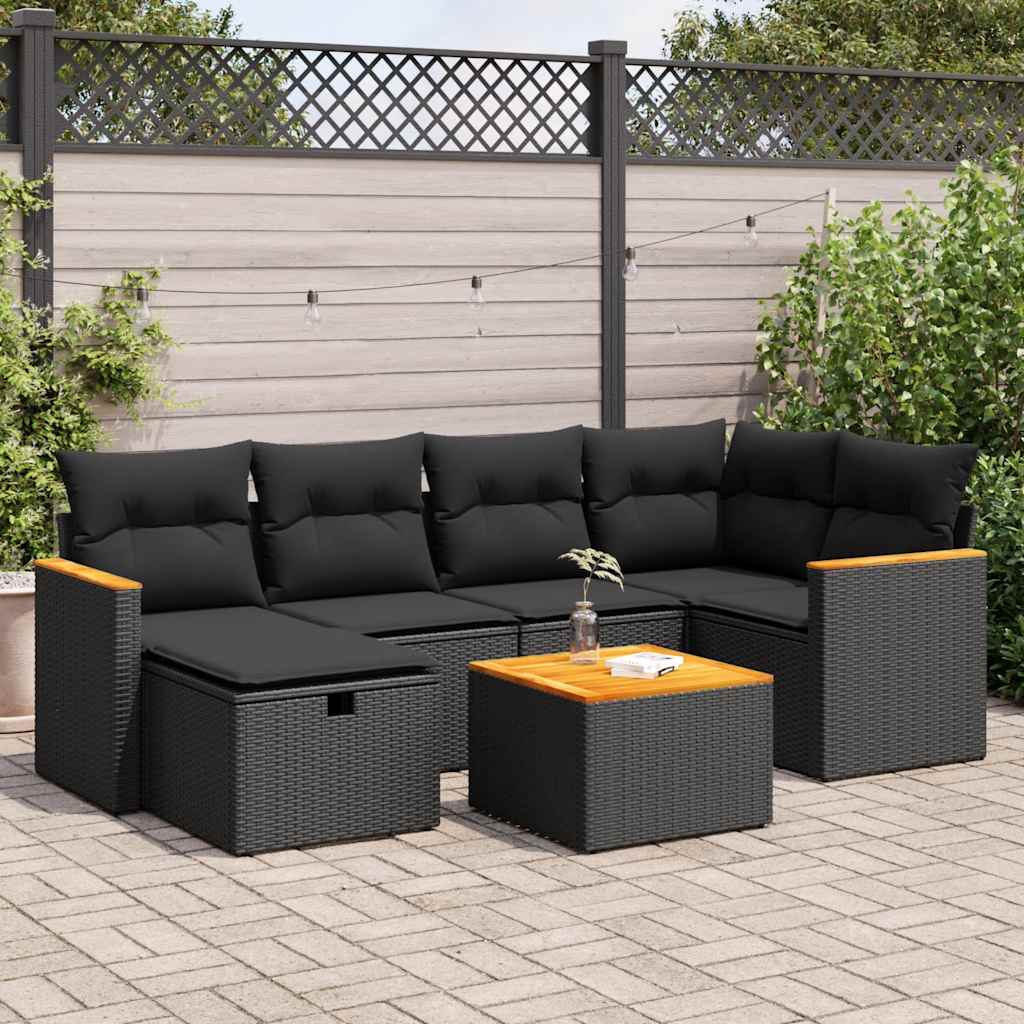 vidaXL 7-tlg. Garten-Sofagarnitur mit Kissen Schwarz Poly Rattan