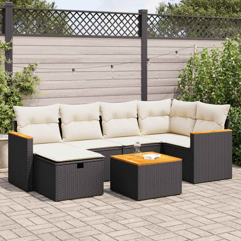 vidaXL 7-tlg. Garten-Sofagarnitur mit Kissen Schwarz Poly Rattan