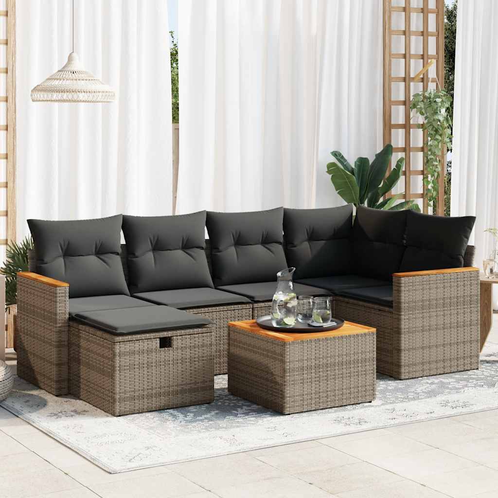 vidaXL 7-tlg. Garten-Sofagarnitur mit Kissen Grau Poly Rattan