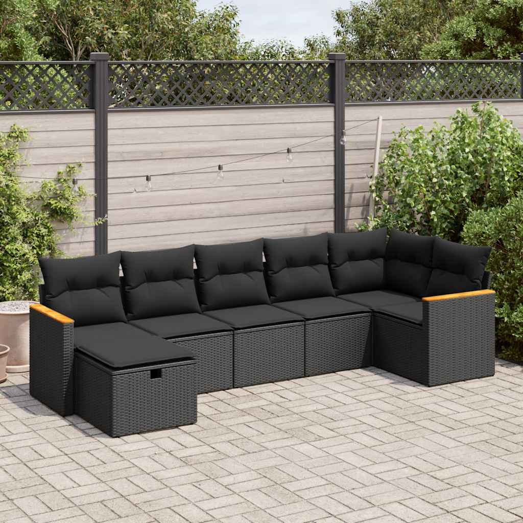 vidaXL 7-tlg. Garten-Sofagarnitur mit Kissen Schwarz Poly Rattan