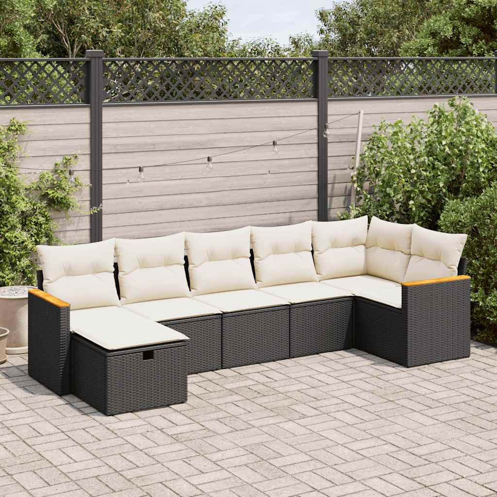 vidaXL 7-tlg. Garten-Sofagarnitur mit Kissen Schwarz Poly Rattan