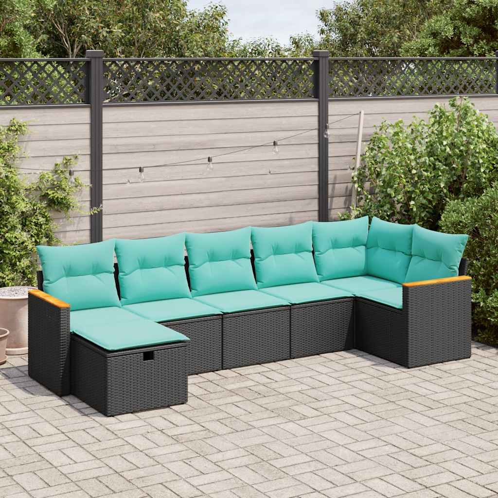 vidaXL 7-tlg. Garten-Sofagarnitur mit Kissen Schwarz Poly Rattan