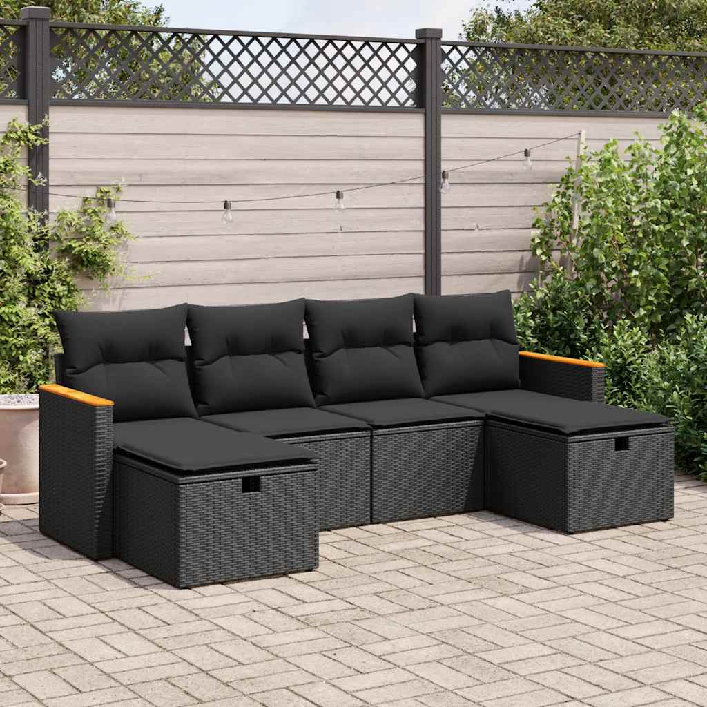 vidaXL 6-tlg. Garten-Sofagarnitur mit Kissen Schwarz Poly Rattan