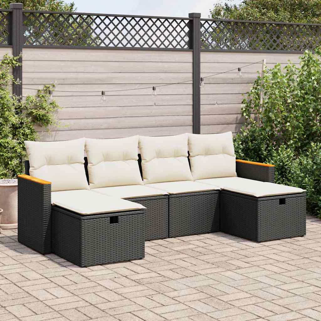 vidaXL 6-tlg. Garten-Sofagarnitur mit Kissen Schwarz Poly Rattan