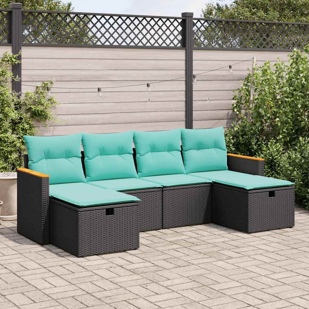 vidaXL 6-tlg. Garten-Sofagarnitur mit Kissen Schwarz Poly Rattan