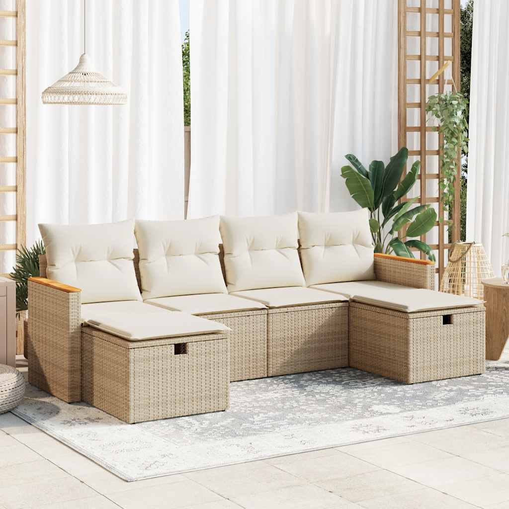 6-tlg. Garten-Sofagarnitur mit Kissen Beige Poly Rattan