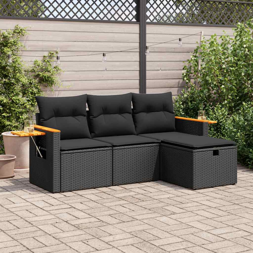 vidaXL Set mobilier de grădină cu perne, 4 piese, negru, poliratan