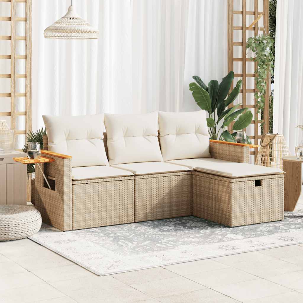 4-tlg. Garten-Sofagarnitur mit Kissen Beige Poly Rattan