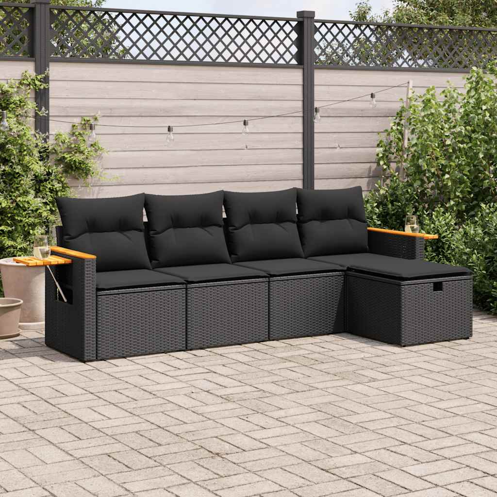 vidaXL 5-tlg. Garten-Sofagarnitur mit Kissen Schwarz Poly Rattan