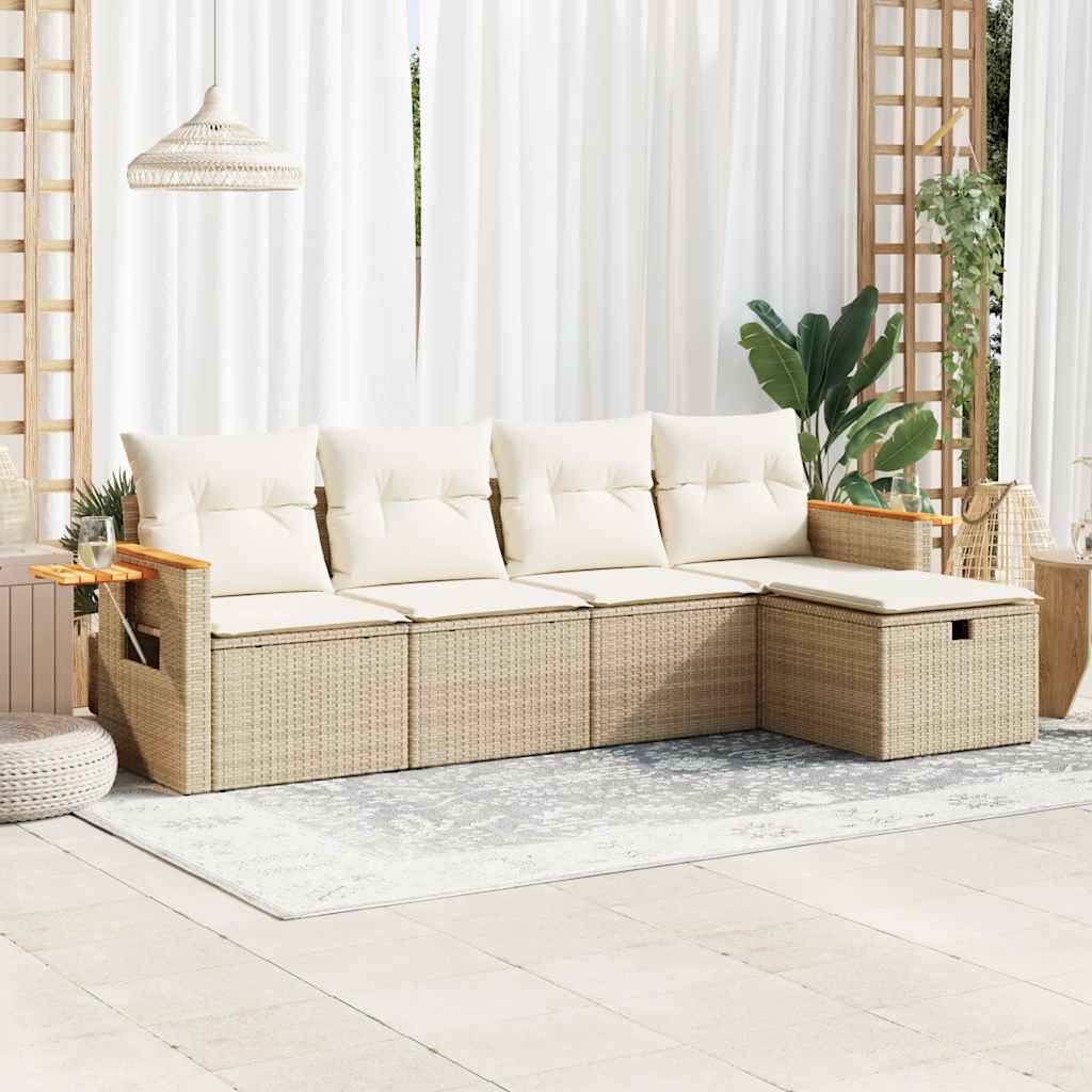 5-tlg. Garten-Sofagarnitur mit Kissen Beige Poly Rattan